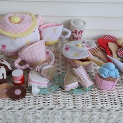 Kids Soft Play Food - Pink Teaset, Sweets & Baking Set- Pottery Barn Kids - Gingham Teapot, Tea Cakes, Ice Cream Cones, Cookies, Cupcakes, Decorating