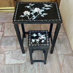 Antique  Set Of Two Black Lacquered Chinoiserie Table Chinese Oriental Vintage 
