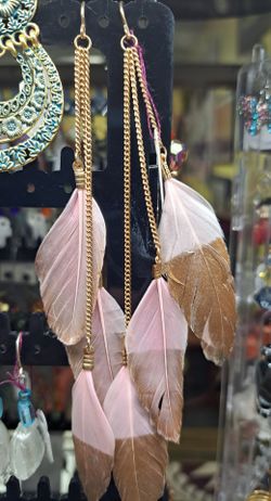 Pink and gold feather earrings