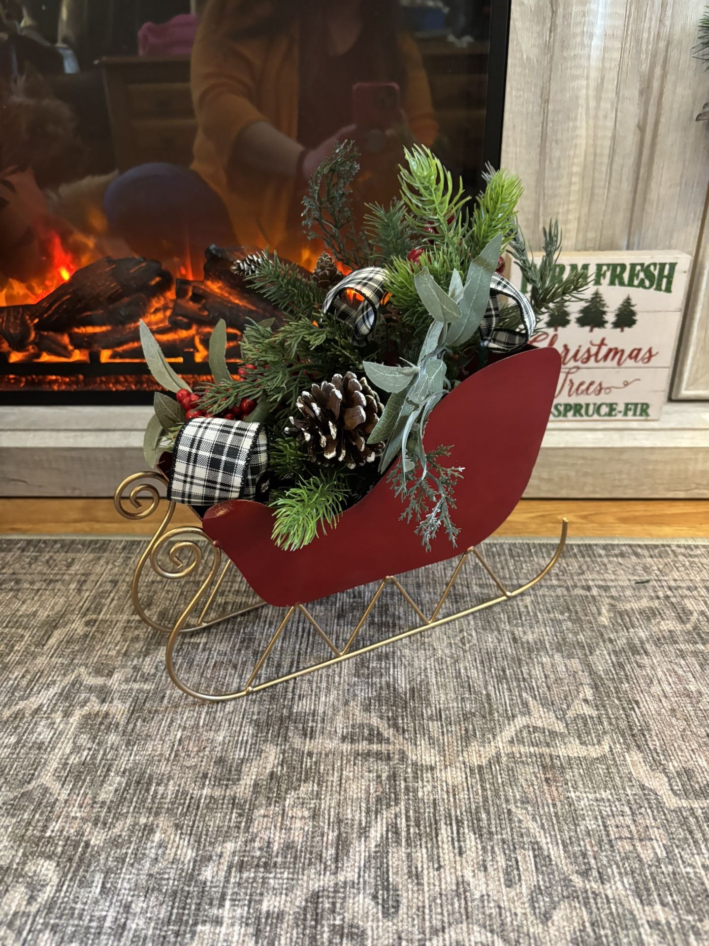 NEW hand painted and sealed metal sled with gold runners removable Christmas arrangement