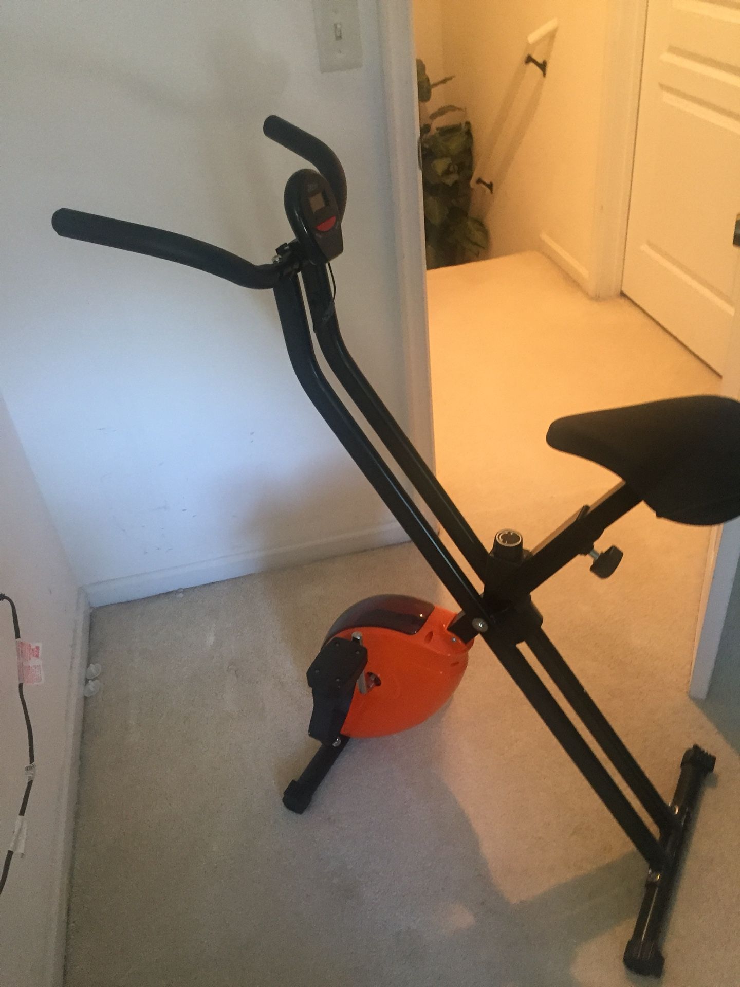 Light weight exercise bike, folds for easy storage. You’ll need to tighten seat Great condition