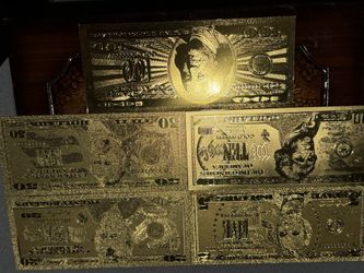 Set Of .99999 Gold Layered Foil Bills  $5, $10, $20, $50, And $100 All Five As A Set