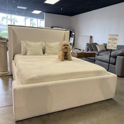 Pottery Barn Style Bed Frame Headboard With Boucle Footboard In White  — FREE Delivery 