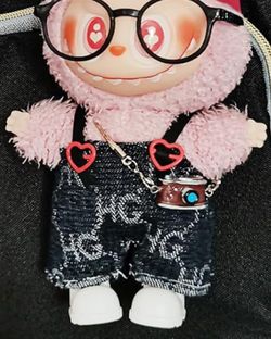 Labubu Keychain Denim Overalls Outfit & Accessory Set: Glasses, Shoes, Camera - Brand New