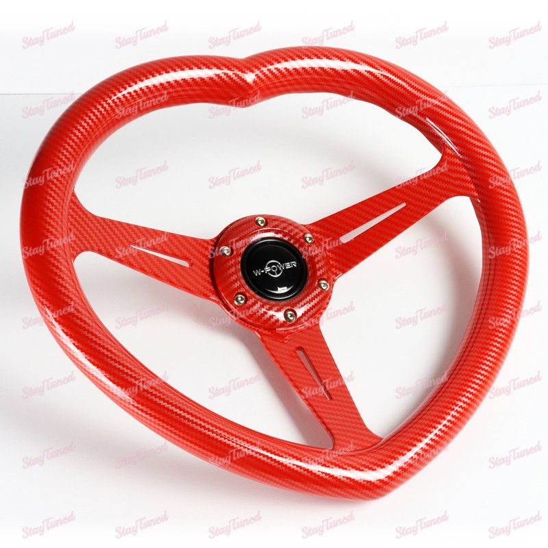Red Carbon Fiber Look Heart Shaped Racing Steering Wheel Universal Car ABS JDM -(3-SW-HEART-CFRD