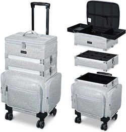 Byootique 3in1 So-FT Sided Rolling Makeup Case Cosmetic With Removable Divider For Makeup Artist Nail Artist Glitter Silver