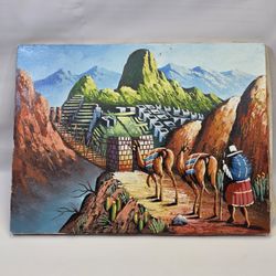 Vintage Machu Picchu Oil Painting Llama Andes Wall Art Boho Decor