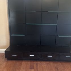 centers Elegant Espresso Wall Unit with Glass Shelves & 4 Spacious Black Color 