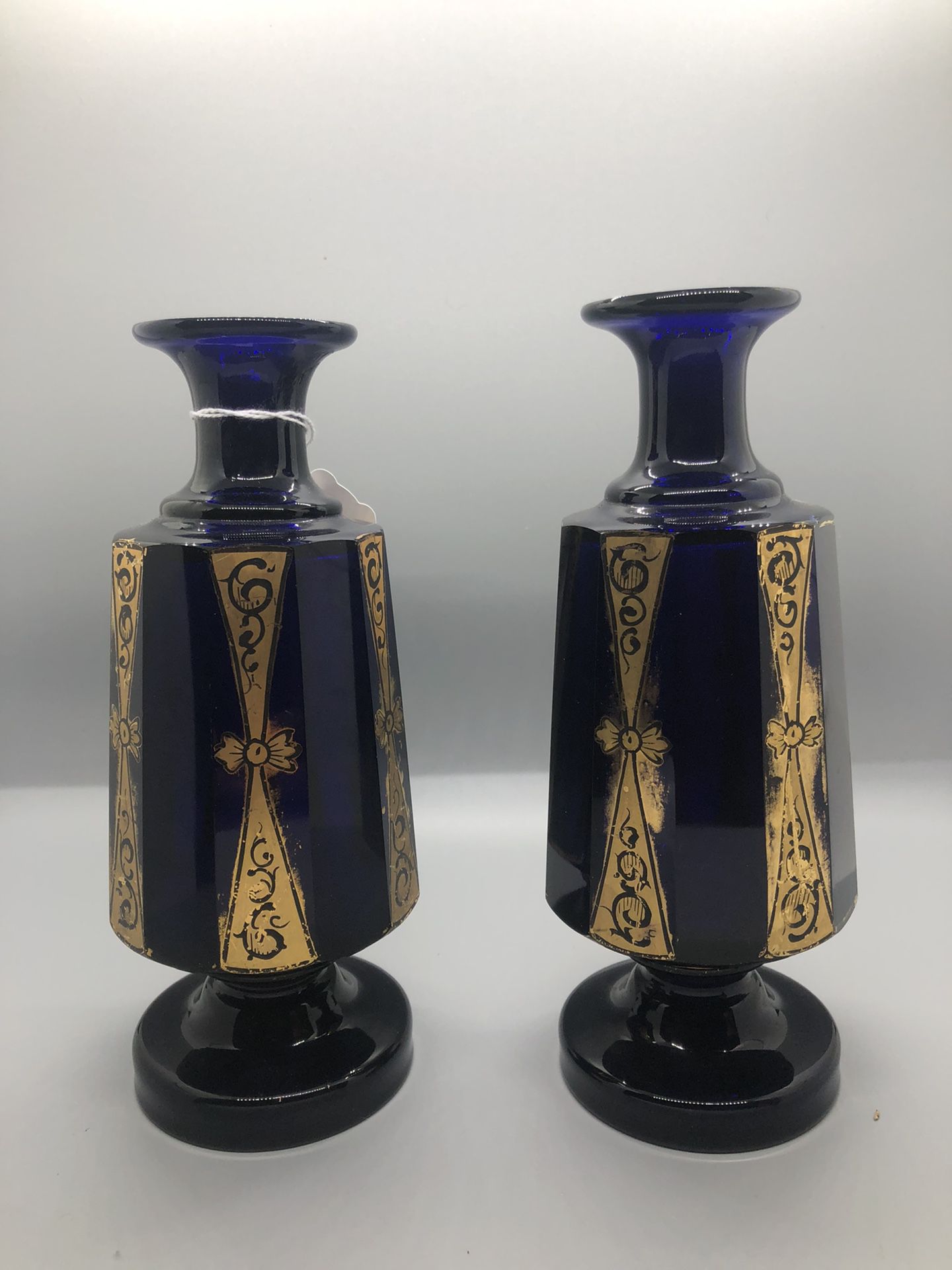 BIEDERMEIER 19th century cobalt blue- gold gild hand painted antique vases. 