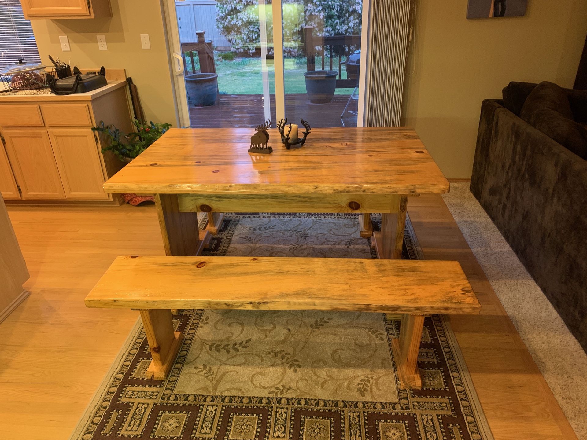 Rustic picnic style kitchen table and two stools