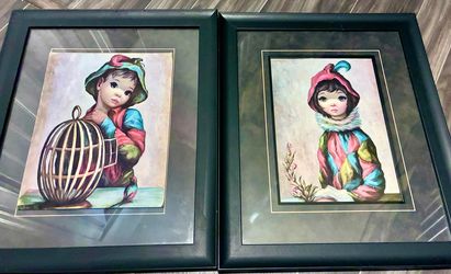 vintage maio big eyes harlequin boy and girl framed prints