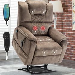 Brand New Large Heated Recliner Massage Chair, Velvet Power Lift Recliner, Infinite Position Oversize Massage Living Room Chair, Brown