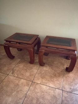 Pair of Asian-Style Wood and Glass End Tables