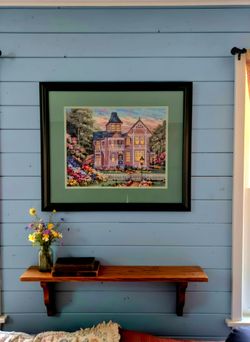 Vintage framed, finished needlepoint titled "Victorian House" by Janlynn 25.5"×21.5"