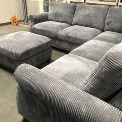 New Sectional Couch And Ottoman Sofa Set Dark Grey Fabric