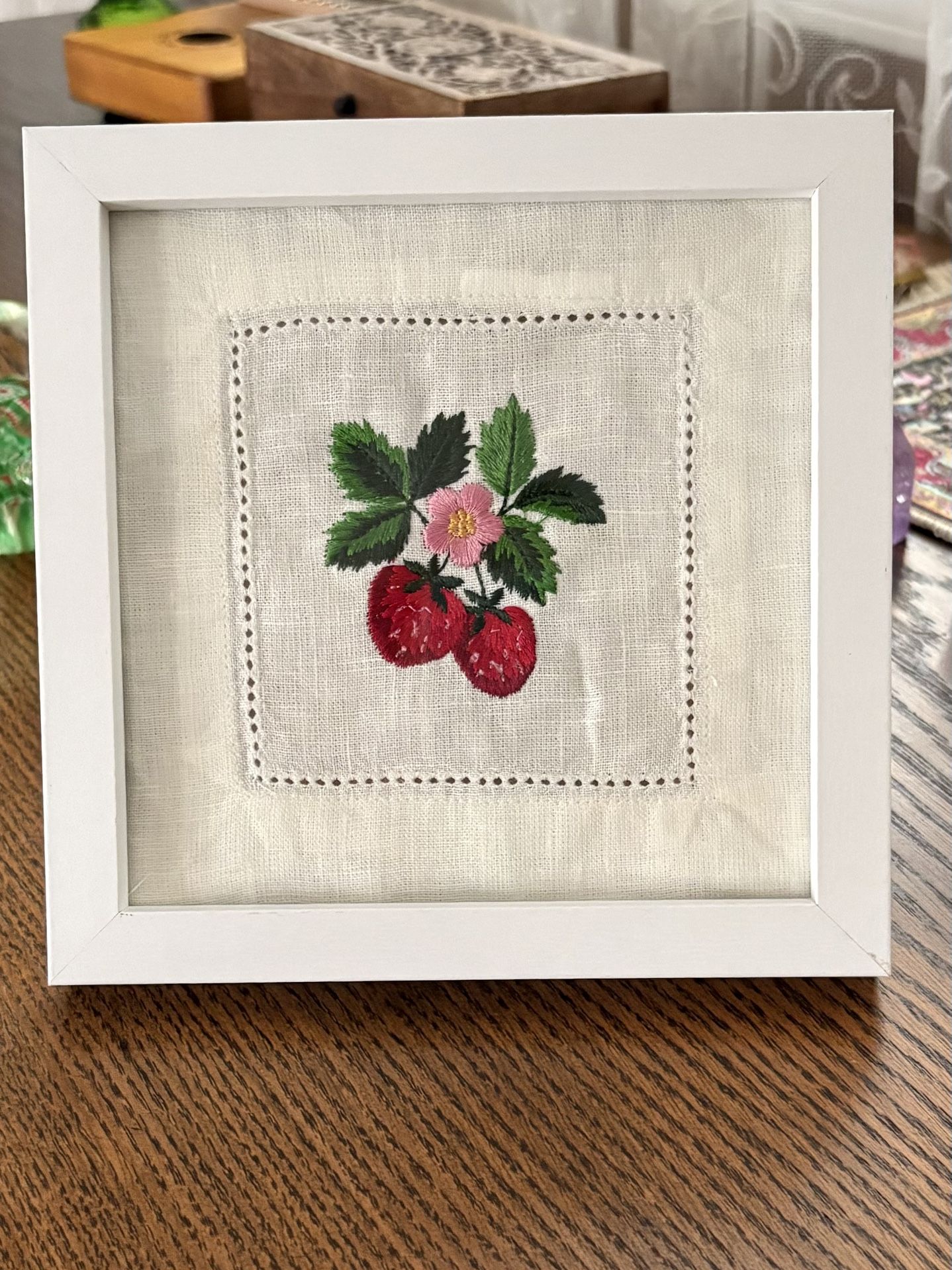 Handmade Framed Embroidery Strawberry Art