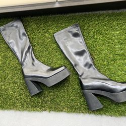 Black Faux Leather Chunky Heel Boots