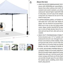 Pop-Up Canopy Tent With Removal Zippered Side Walls, Sand Bags, And Heavy Duty Roller Bag
