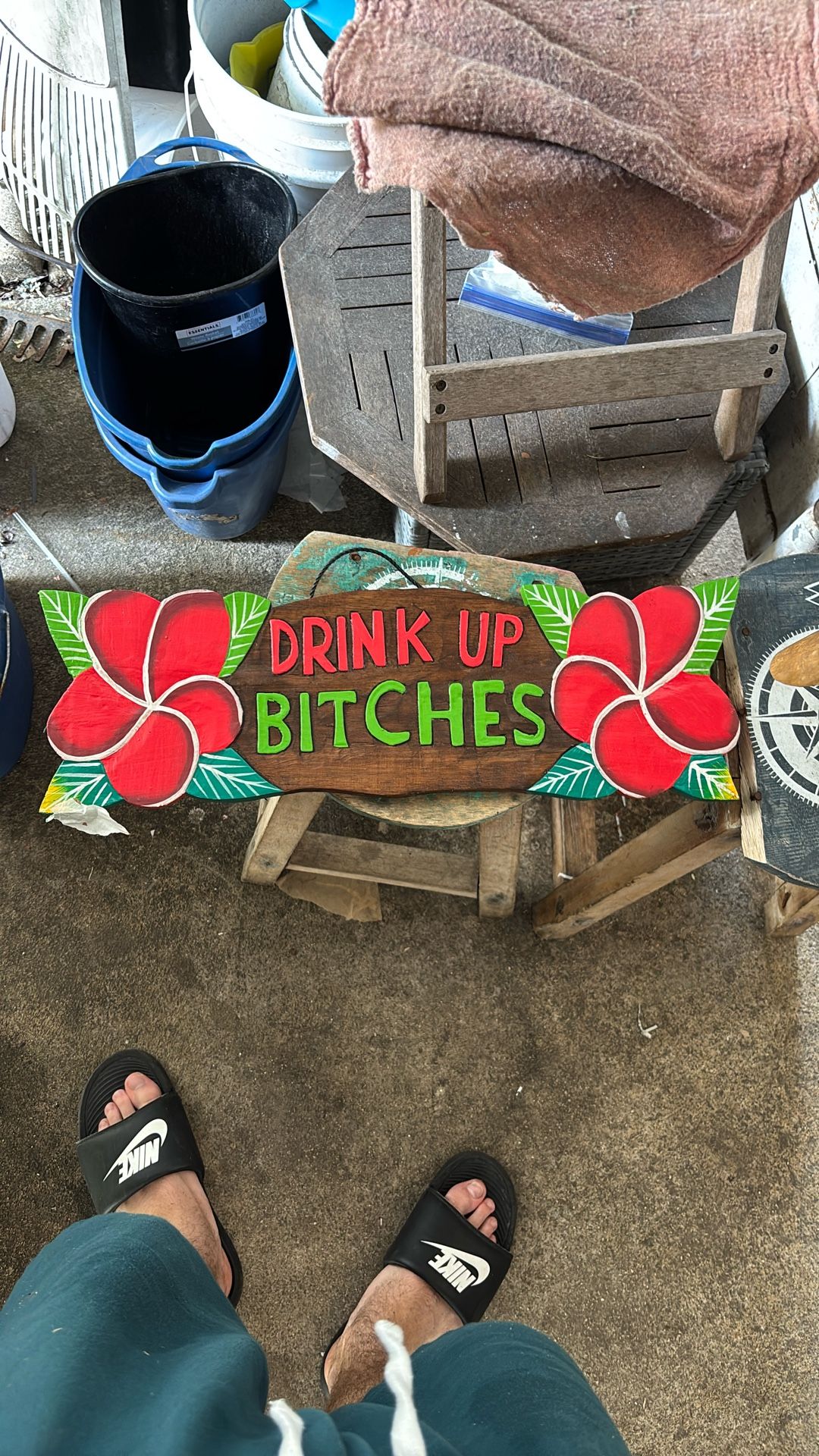20” DRINK UP BITCHES HAND CARVED WOOD HANGING SIGN WALL ART TROPICAL PATIO TIKI