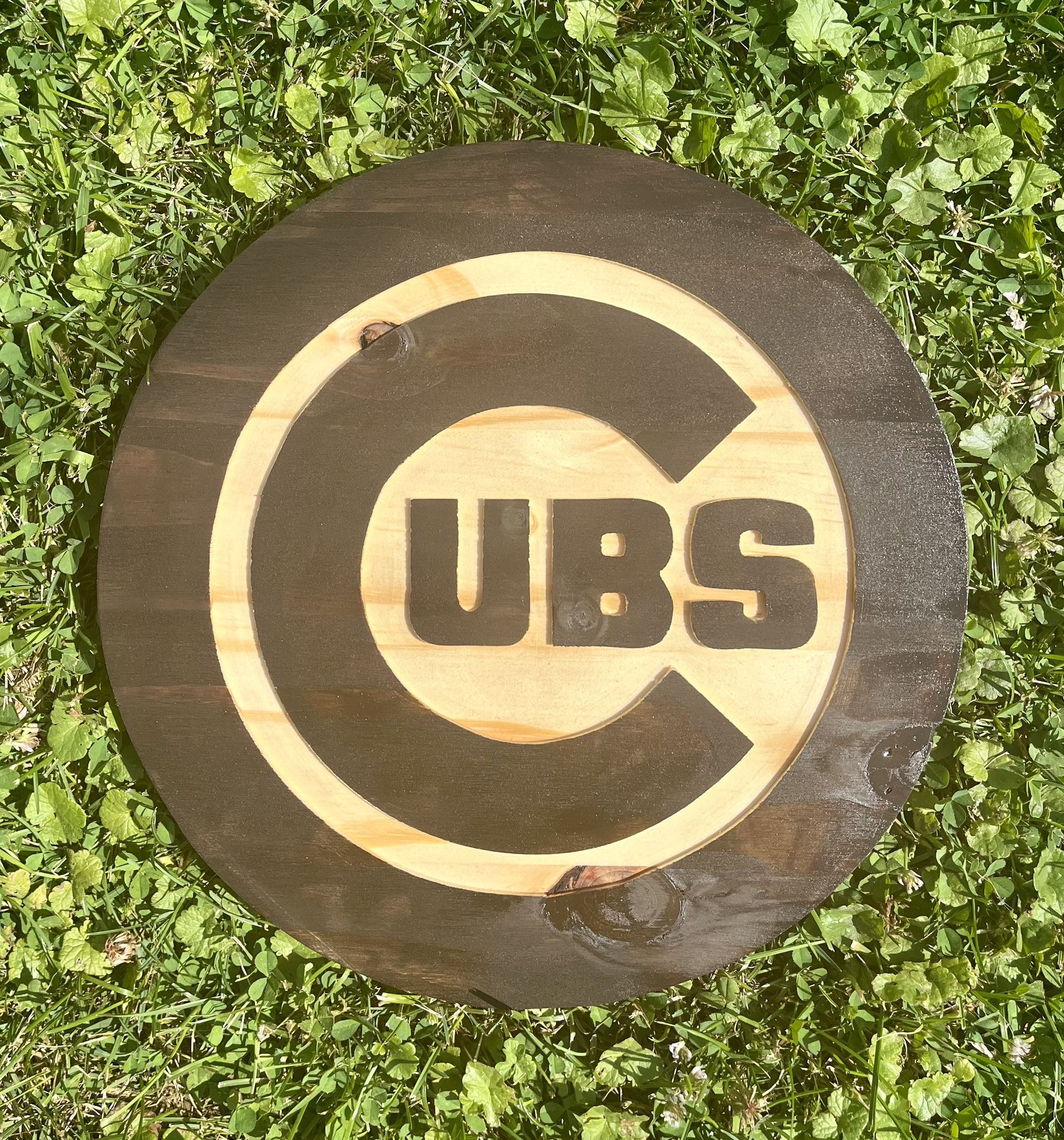 Chicago Cubs 3 D Logo Wood Sign Sealed Natural Wood Finish Dark Walnut Stain 12