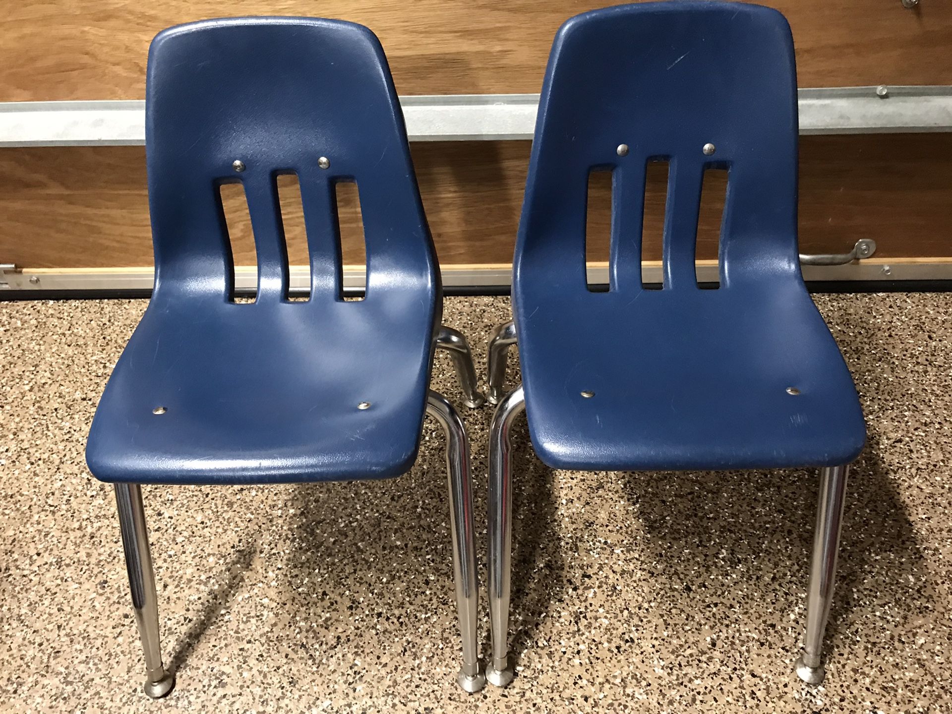 Two Blue School Kids Desk Chairs