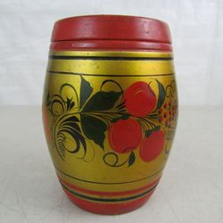 USSR Russian Vintage Khokhloma Style Lacquered Wood Tea Barrel Caddy


