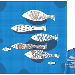 Blue Fish Beach Mat 75"x75" – Outdoor Picnic Blanket, Waterproof Sand Mat