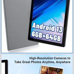  Android 13 Quad-Core Tablet PC, 10-inch Tablet, 6GB(4+2) RAM, 64GB ROM,128GB Expand, 5MP+8MP, WiFi, Dual Camera, 5000mAh,1280x800 HD (Gray)