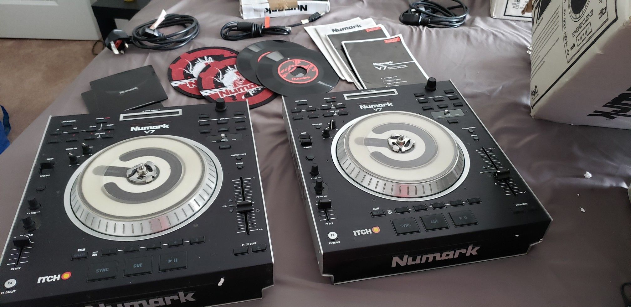 2x Numark v7 and 1 Numark M4 mixer boxed