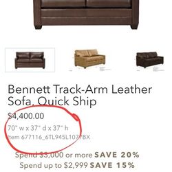 Ethan Allen Bennett Track-Arm Leather Sofa 70" sets