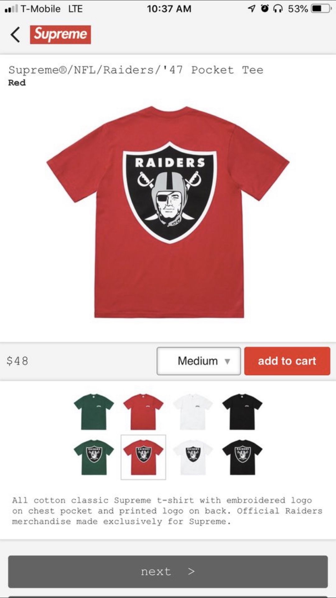 Supreme SS19 NFL Raiders ‘47 Pocket Tee