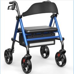 New-Walkers for Seniors with Seat, Thickened Flat Tube Frame, Foldable Rollator 350 lbs Load, Height Adjustable,8'' Big Wheels, Rolling Walker,Blue