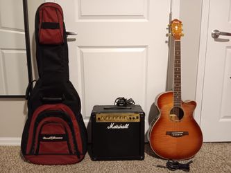 Ibanez Acoustic/Electric Guitar with Marshall Amp, Guitar Case, and extra Accessories.