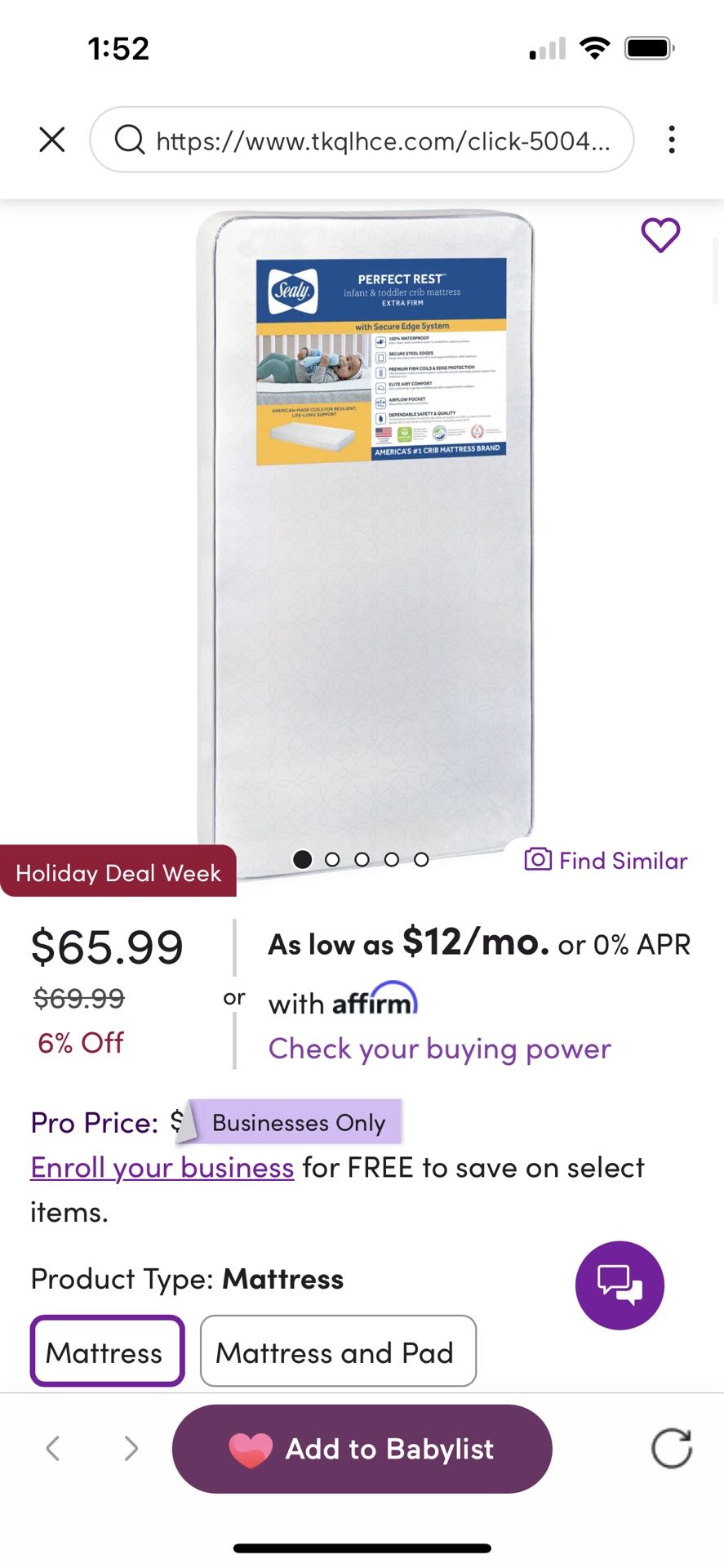 Sealy Baby Premium Firm Hypoallergenic Baby Crib Mattress & Toddler Bed Mattress, Waterproof Baby Mattress, 150 Coils, Air Quality Certified, 52"x28"