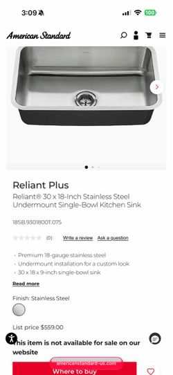 Reliant® 30 x 18-Inch Stainless Steel Undermount Single-Bowl Kitchen Sink