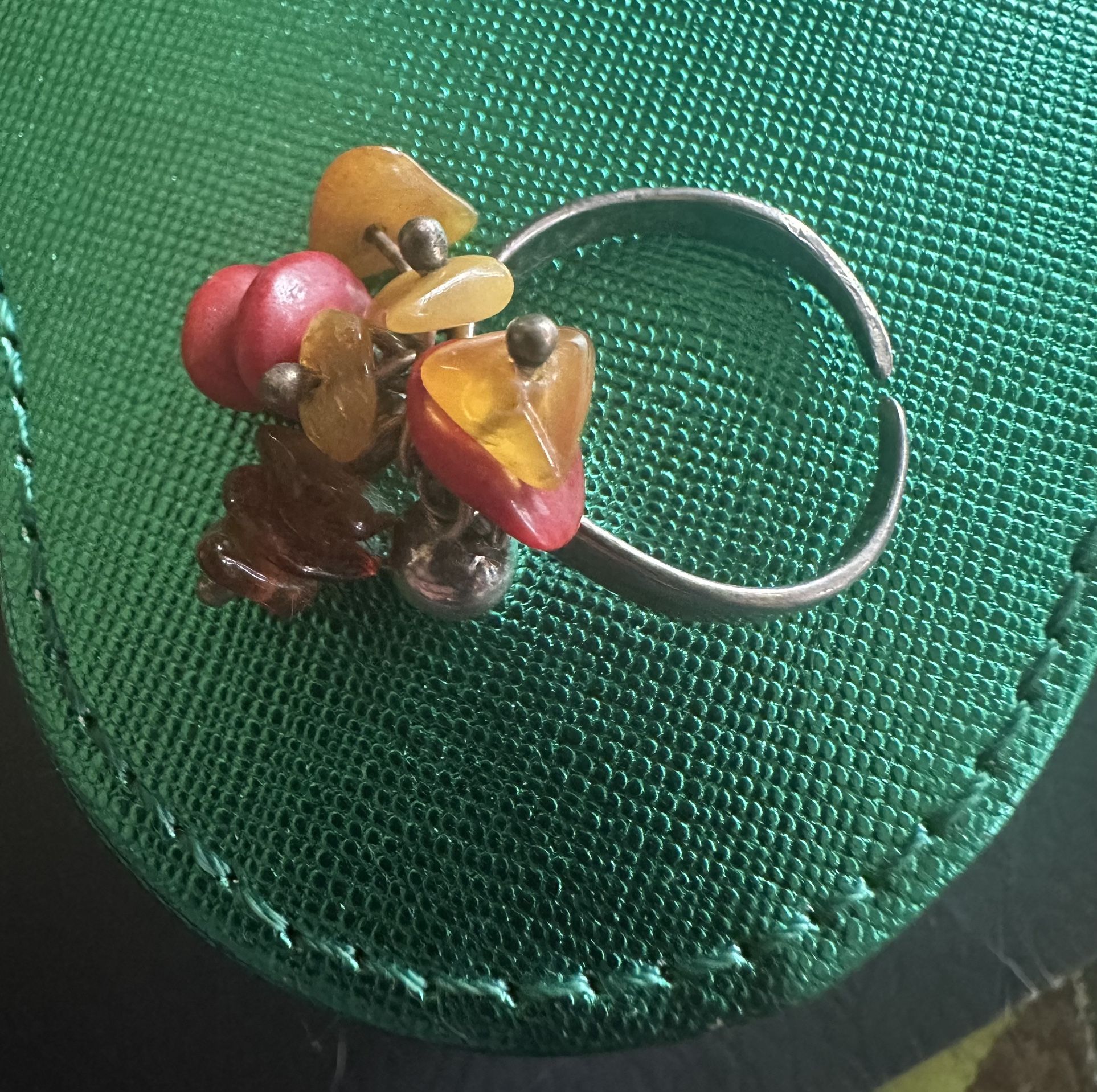 Sterling Silver, Amber & Coral Cluster Ring