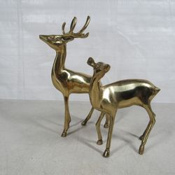 Buck & Doe Vintage Mid Century Solid Brass Deer Statues 9" Tall
