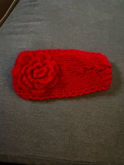 Red Knitted Headband with Flower and Button