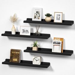 24" Black Floating Wall Shelves with Lip,Solid Wood,Set of 4