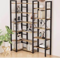 Triple Wide 6-Shelf Bookcase Industrial Vintage Wood Style Large Open Bookshelves for Home&Office, Rustic Brown (6 Tier, Rustic Brown)