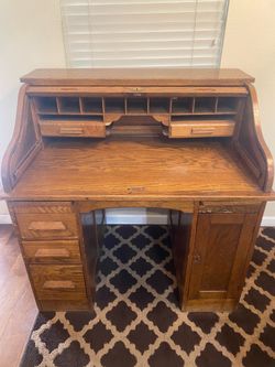 Roll-Top Desk - 1910s to 1920s Solid Oak Antique Two-Pedestal Desk