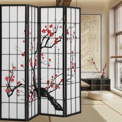 Black Japanese 4-Panel Screen Room Divider 5.7ft Plum Blossom Folding Temporary Wall, Portable Divider Freestanding Privacy Partition Screen for Rooms