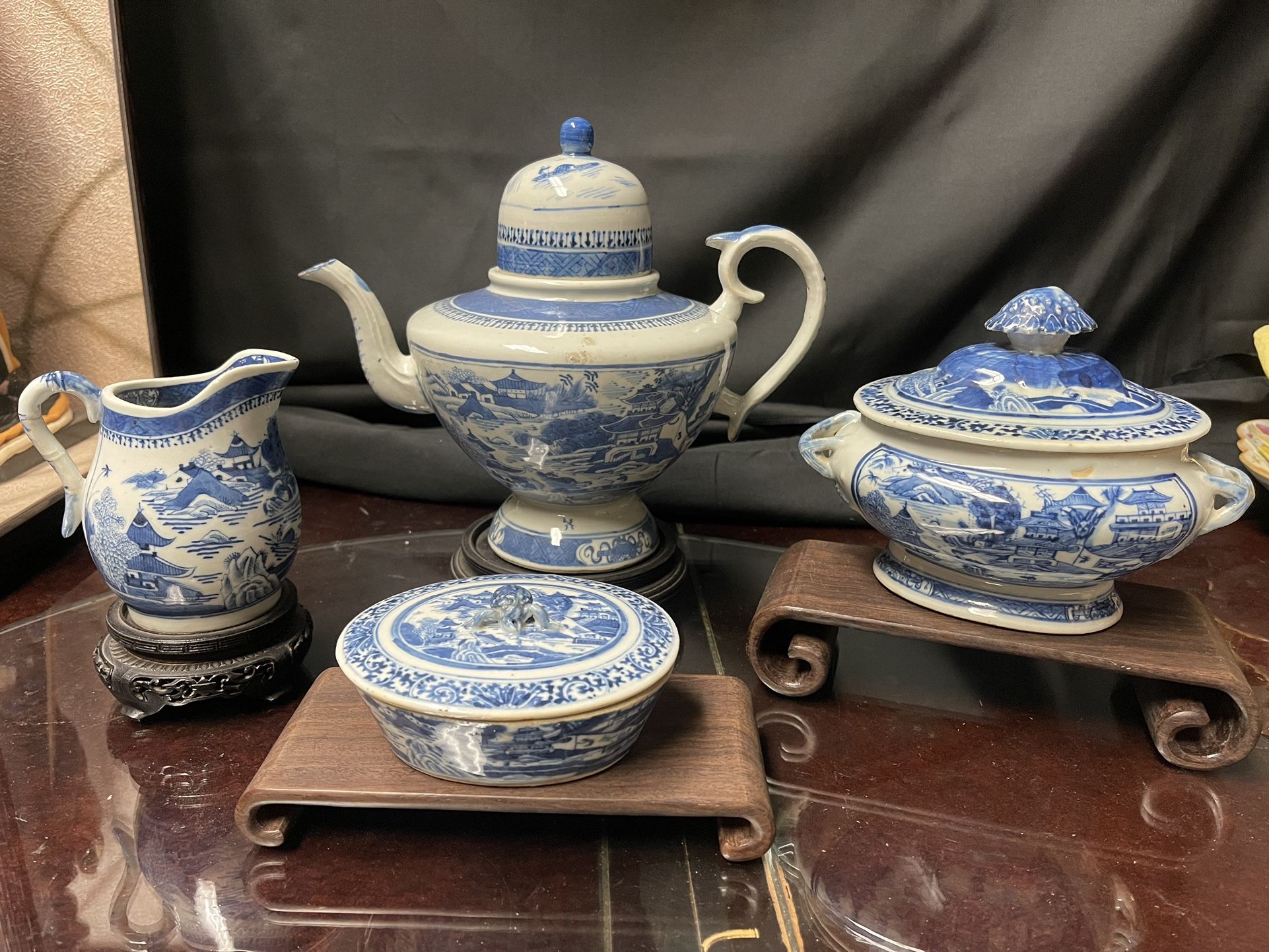 Group of 4 Qing Dynasty Chinese Export Blue & White Landscape Porcelain Sets