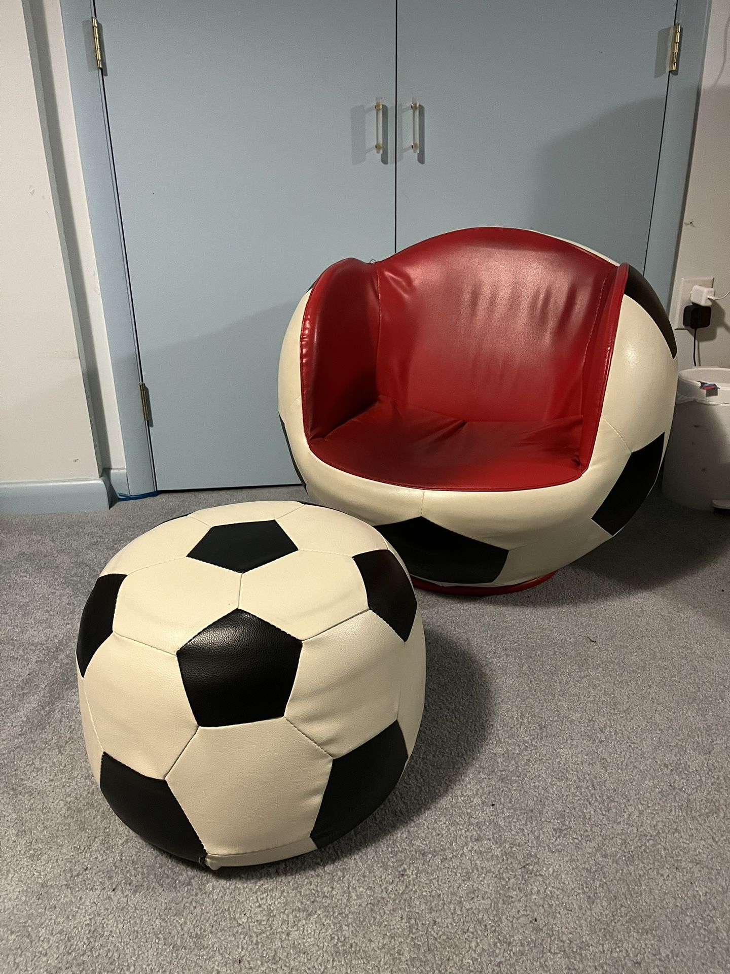 RARE Soccer Chair & Ottoman, Red/Black & White