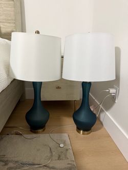 Pair of Teal Table Lamps with White Shades