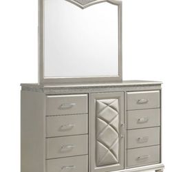 Solid Wood Silver 8 Drawer With Cabinet Dresser And Mirror 58” W x 34” H x 16 D Plus Mirror 