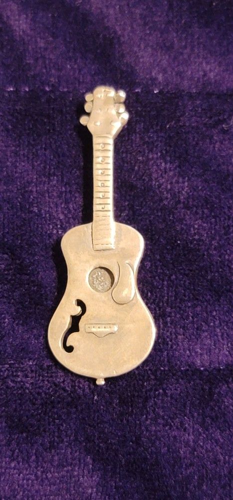 Vintage Sterling Silver Guitar Pin Brooch