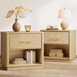 SICOTAS Nightstands Set of 2 with Deep Drawer & Rounded Corners 24.8" Wide Modern Night Stand Large Burl Wooden Nightstand Sturdy Bedside Tabl
