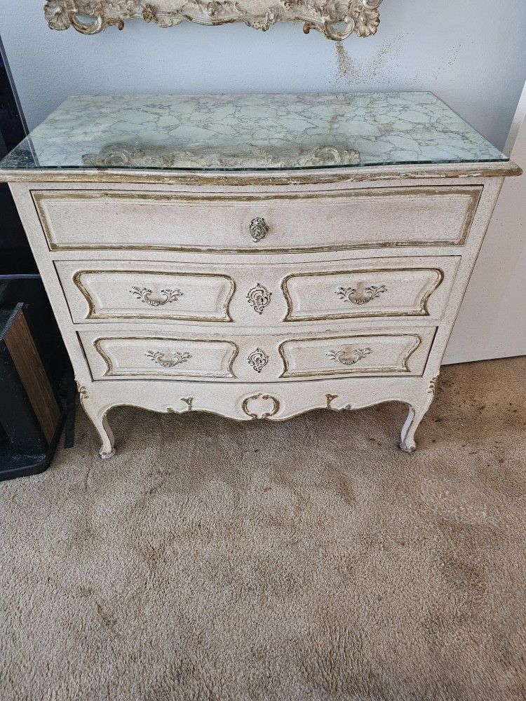 Vintage Louis XV Style French Painted Distressed Commode / Dresser With Mirror Glass Top ! Circa 1950's Two Matching Mirrors Priced Separately!