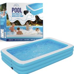 Inflatable Swimming Pool with Built-in Air Pump (Blue, Large, 120" x 72.8" x 23.6") - for Kids & Adults - Includes Repair Kit - Self Inflating Blow Up
